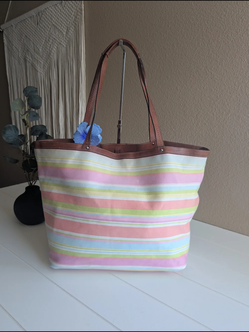 vintage Coach Hampton Pastel Striped Canvas Tote Bag